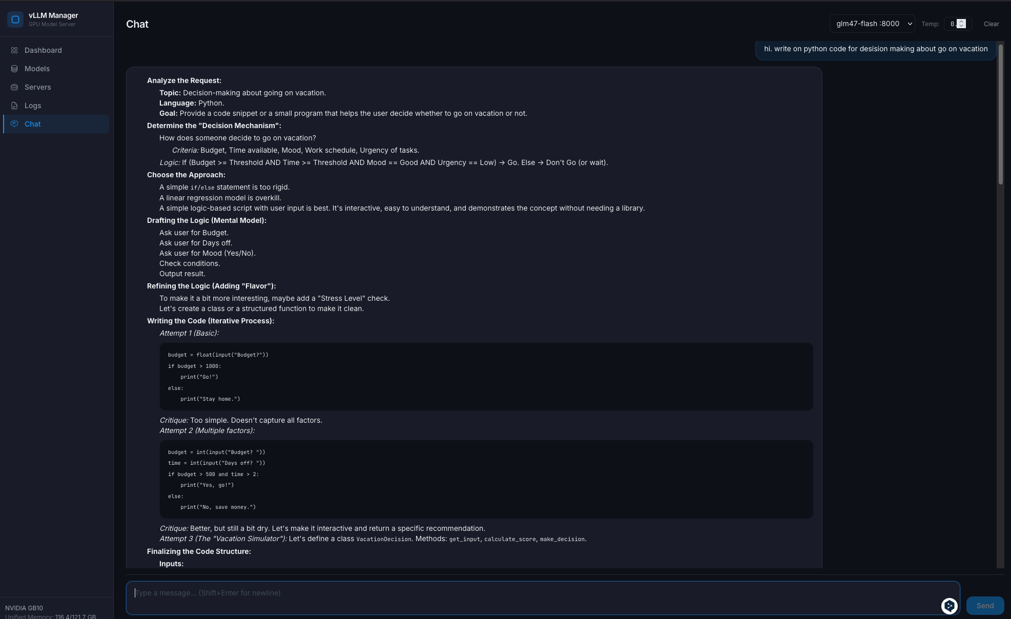 Chat: proxy to the local vLLM over the OpenAI API, here glm47-flash