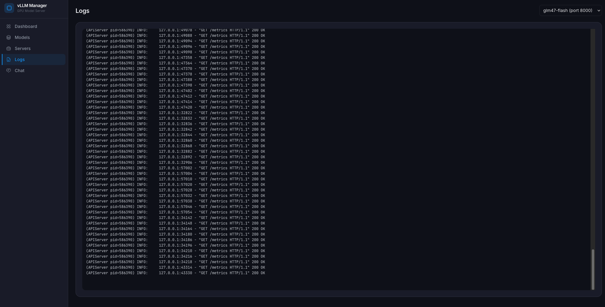 Logs: live vLLM server log tail over SSE